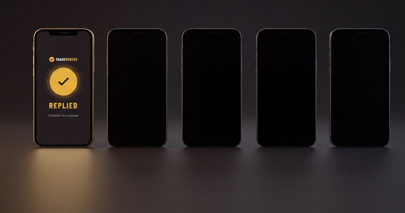 Five identical phones standing side by side. The first is lit up, showing the Tradeworthy app with a gold tick and the word REPLIED. The other four are dark, the enquiry still sitting on them unanswered.
