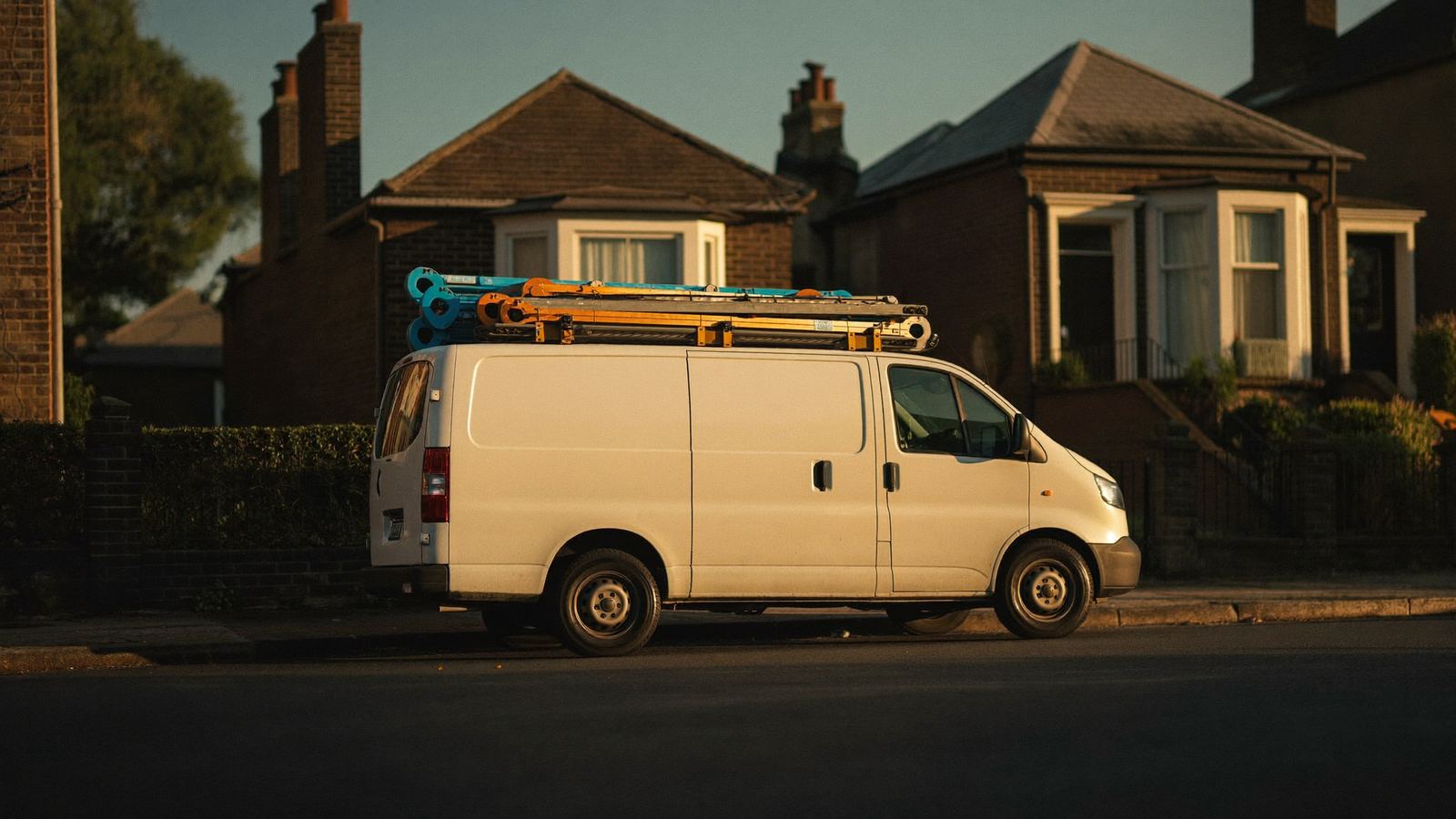 A white work van with ladders on the roof parked on a terraced street